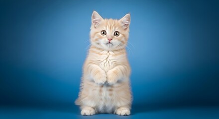 A light orange kitten standing on its hind legs with a blue gradient backdrop in the background