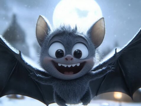 Animated Bat Smiling Wide in a Snowy Evening Scene