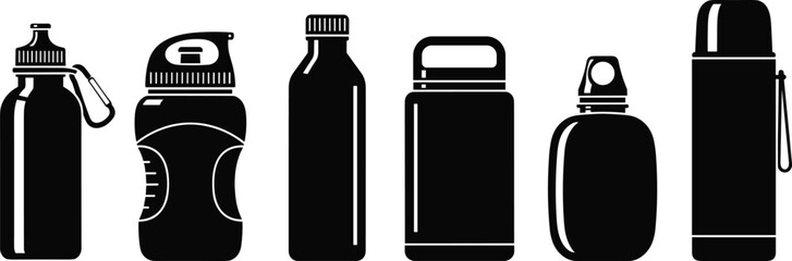 Black silhouette water bottles, reusable drink containers, sports hydration flasks, eco friendly travel mugs, insulated thermos designs, fitness beverage storage illustration set