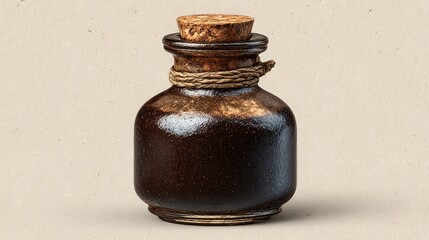 Vintage Dark Ceramic Bottle with Cork Stopper and Twine Decoration