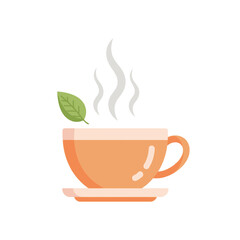Obraz premium A simple flat icon of a steaming orange teacup on a saucer with a green leaf.