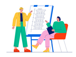 Meeting between architect and foreman of high-rise building construction project. Architect illustration. Cartoon flat vector illustration.
