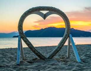 Fototapeta premium Heart-shaped wooden arch at sunset beach