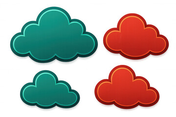 Fototapeta premium Cartoon clouds—two red, two green—drifting weightlessly against transparent backdrop, conveying playful, whimsical mood