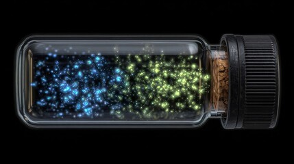 Mystical Glass Jar Containing Shimmering Blue and Green Particles