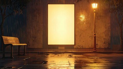 Serene urban scene featuring bench beside glowing blank billboard under lamppost, illuminated by soft light amidst rainy atmosphere. wet pavement reflects warm glow, creating tranquil ambiance