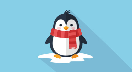 Naklejka premium A cute, cartoonish penguin wearing a red striped scarf stands on a small patch of ice against a light blue background with a long shadow.