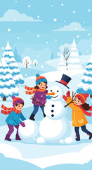 Fototapeta premium Three happy children building a snowman in a snowy winter landscape with pine trees and falling snow.
