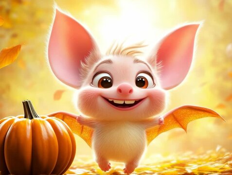 Adorable Cartoon Bat with Big Ears Smiling with Pumpkin in Background