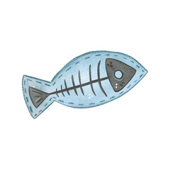 Sewn fish toy for a domestic cat. Watercolor illustration hand drawn, cartoon. Drawing for stickers, cards, menus, cookbooks, recipes, scrapbooking. Cat, pet, toy, play, 