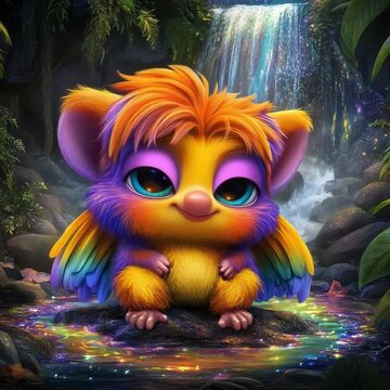 Colorful Creature with Big Eyes Near a Waterfall in a Magical Forest