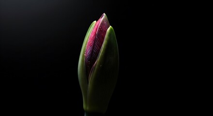A close-up of a dark purple amaryllis bud against a stark black background. The bud is tightly closed and encircled by green sepals, showcasing its texture.