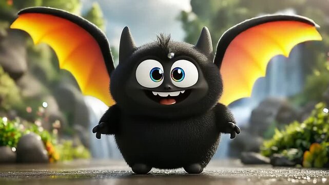 Cartoon Bat Character Smiling with Wings in a Natural Setting