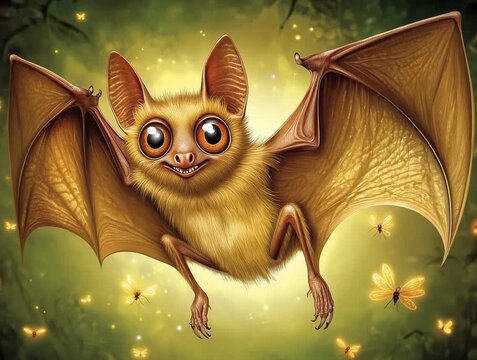 Cartoon Bat Smiling with Butterflies in a Whimsical, Animated Scene