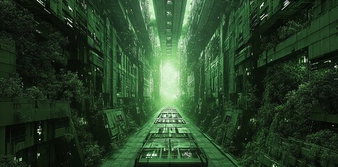 Obraz premium Overgrown Futuristic City Tunnel with Green Light