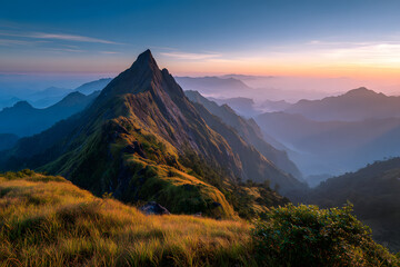 Fototapeta premium Sunset panorama of a majestic mountain peak in Southeast Asia