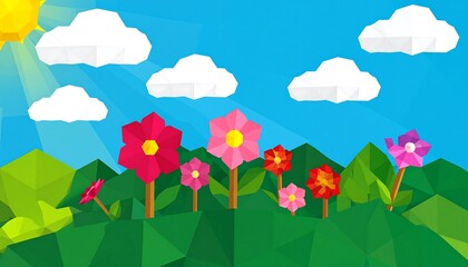 Fototapeta premium Colorful polygonal landscape with flowers