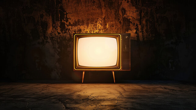 Vintage television set illuminated in dark, textured room, creating nostalgic atmosphere. warm glow from screen contrasts with surrounding shadows, evoking sense of retro charm and simplicity