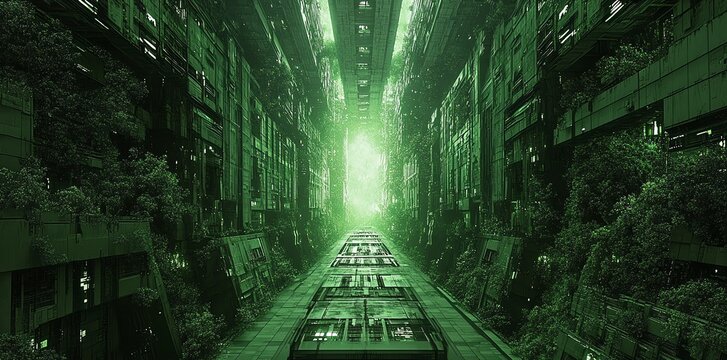 Overgrown Futuristic City Tunnel with Green Light