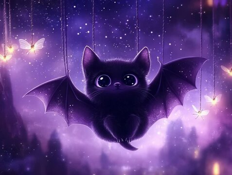 Adorable Feline Bat Creature with Butterflies in a Magical Night Sky