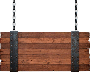 Rustic Wooden Sign with Metal Accents and Hanging Chains Placa rústica de madeira com detalhes em metal e correntes penduradas