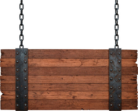 Rustic Wooden Sign with Metal Accents and Hanging Chains Placa r&uacute;stica de madeira com detalhes em metal e correntes penduradas