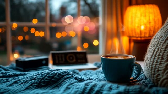 Cozy Evening Coffee on Bed with Warm Lamp Light and Window View, seamless looping 4k video
