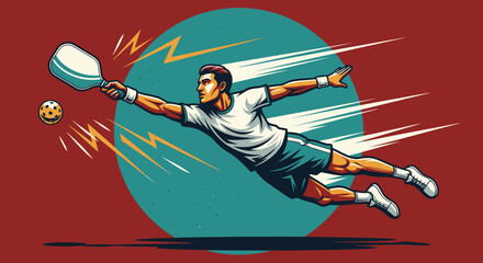 Hand drawn pickleball paddle male player diving for a shot, high-energy action scene with dynamic background for tournament posters, sports branding, and club promotions                               