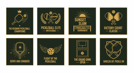 Hand drawn pickleball paddle sport icon set with text slogans, vintage badge pack for club events, tournaments, and lifestyle branding                                                                  