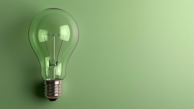 Clear lightbulb with metallic base is positioned against soft pastel green background, creating serene and modern aesthetic. bulb transparent design allows for glimpse of filament inside