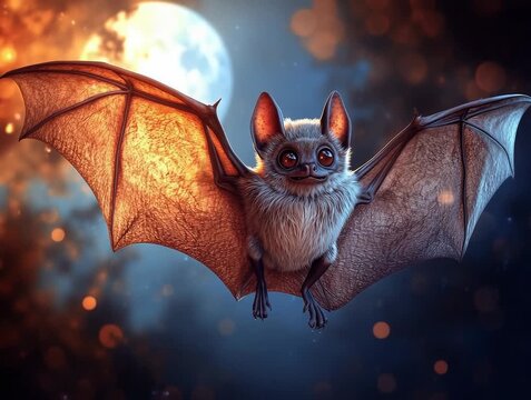Adorable Bat with Wings Spread in Front of a Full Moon