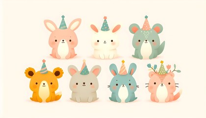 Obraz premium Adorable six animal characters with colorful party hats in minimal graphic style on clean backdrop