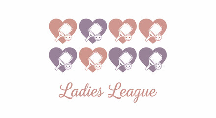 Hand drawn pickleball paddle ladies league heart icon pattern, pastel colors with feminine design for community branding, merchandise, and event promotion                                              