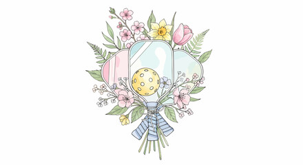 Hand drawn pickleball paddle floral bouquet with ball, romantic decorative sports illustration for gifts, packaging, and merchandise                                                                    