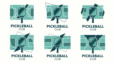 Hand drawn pickleball paddle club court icon set, modern branding pack for events, merchandise, and promotional use                                                                                     