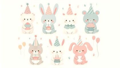 Playful collection of six cute animals in pastel party hats on plain light background