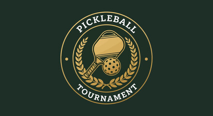Hand drawn pickleball paddle tournament crest logo with laurel wreath, gold and dark theme design for premium branding, clubs, and competitions                                                         