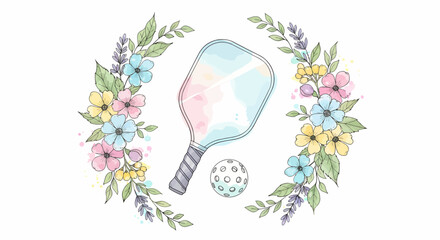 Hand drawn pickleball paddle with floral wreath, pastel flower frame design for decorative branding, gifts, and event materials                                                                         