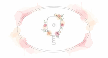 Hand drawn pickleball paddle and ball with soft floral oval frame, romantic sports illustration for wedding events, gifts, and feminine branding                                                        