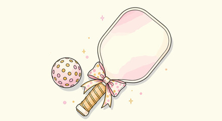 Hand drawn pickleball paddle with bow and ball, cute decorative sports design for gifts, packaging, and lifestyle branding                                                                              