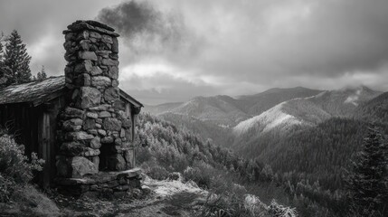 Stone chimney cabin perched high above a mountain valley in black and white