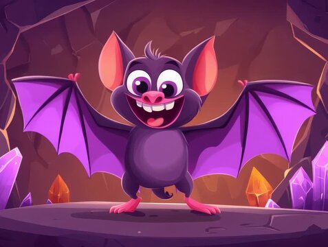 A Cheerful Cartoon Bat Grinning with Wings Out in a Cave