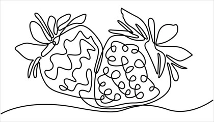 Vector illustration with continuous line drawing Strawberries, Single continuous line drawing of organic strawberry for fruit icon fresh berries fruitage concept, One continuous line drawing.