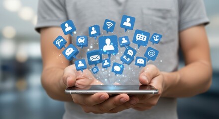 Digital Interaction: A person holds a smartphone, with digital icons and symbols hovering above the device, symbolizing modern communication and technological advancement. 