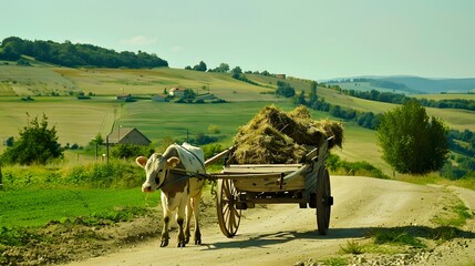 Obraz premium An ancient wooden cart drawn by a strong majestic cow