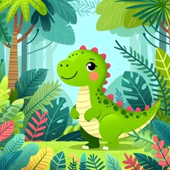 Obraz premium Cute cartoon dinosaur surrounded by dense jungle foliage in bright and cheerful flat vector style with one character in focus