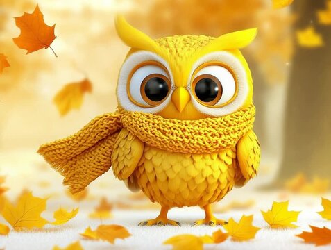 Cute Cartoon Owl with Scarf and Autumn Leaves Falling