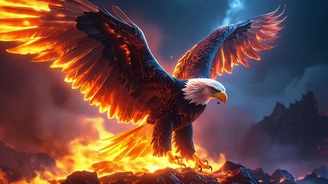 Fiery eagle soaring over volcanic landscape