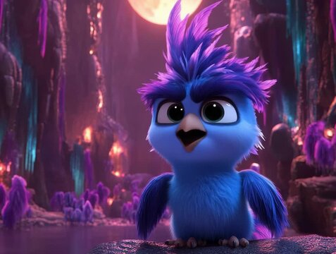 Animated Blue Bird with Spiky Crest in a Fantastical Environment
