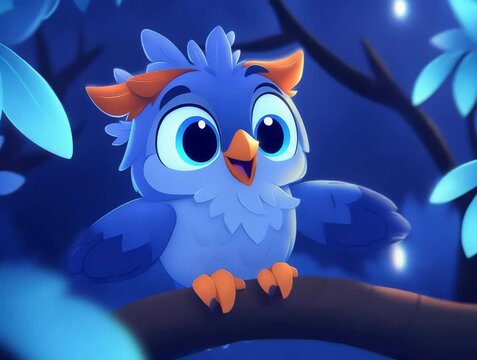 Cartoon Owl Perched on a Branch at Night with Glowing Lights